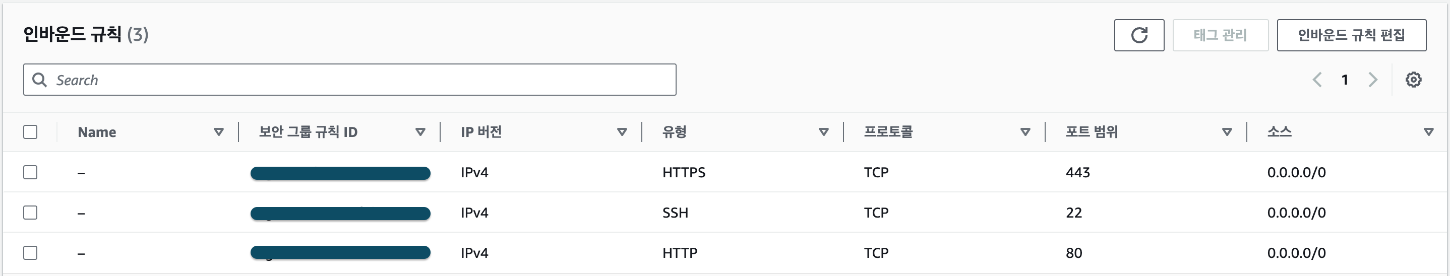 보안그룹(인바운드 규칙) 편집 화면